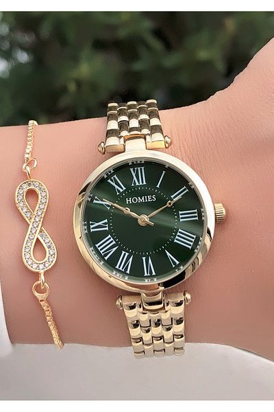 Homies HOMİES BRAND GOLD GREEN COLOR WRISTWATCH WITH BRACELET GIFT
