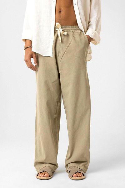 VAMOSCLO Elastic Waist Baggy Fit Linen Trousers Light Khaki