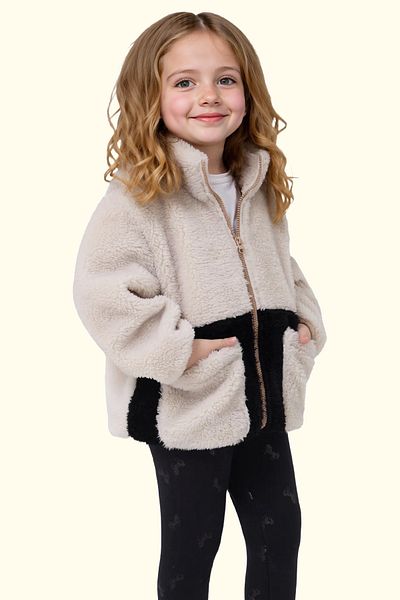 Royalside Girl's Plush Ecru Black Pocket Zippered Welsoft Winter Coat