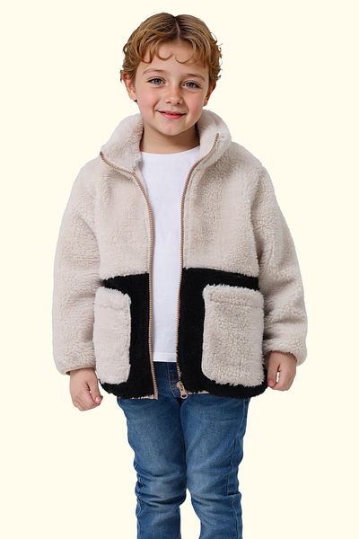 Royalside Boy's Plush Ecru Black Pocket Zippered Welsoft Winter Coat