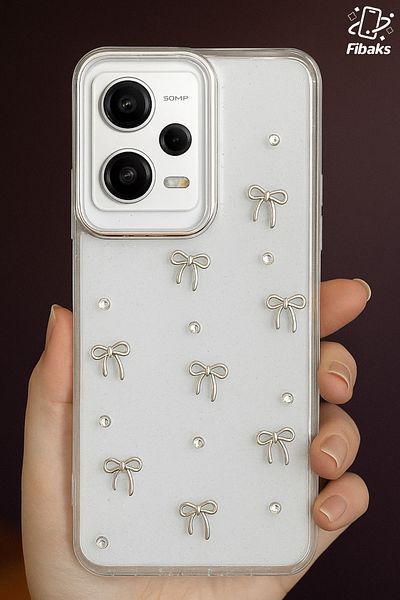 Fibaks جراب Xiaomi Redmi Note 12 Pro 5G حافظة Xiaomi Note 12 Pro 5G بنمط عقدة القوس غطاء فضي شفاف فضي فضي فضي فضي بارز للكاميرا لامع