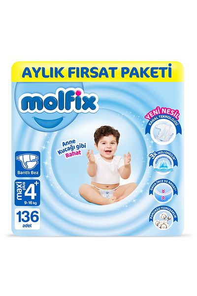 Molfix Baby Diapers Size 4 Maxi Plus Monthly Offer Package 136 Pieces