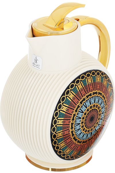 Alsaif Gallery Al-Jawhara Thermos, Beige Pattern, Circular Ring, Golden Handle, 0.9 Liters