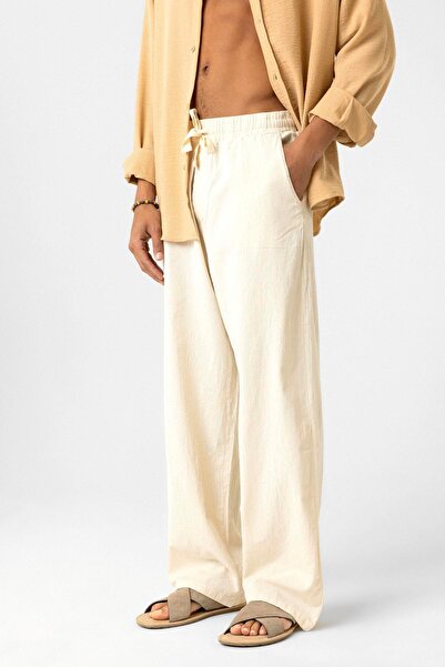 VAMOSCLO Bel Lastikli Baggy Fit Keten Pantolon Naturel