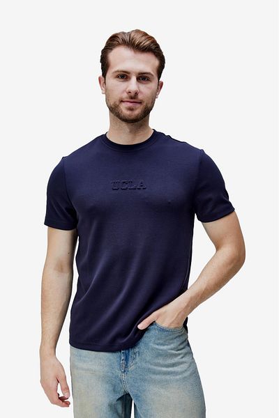 UCLA Canary Navy Blue Crew Neck Seersucker Printed Standard Fit Men's Tshirt