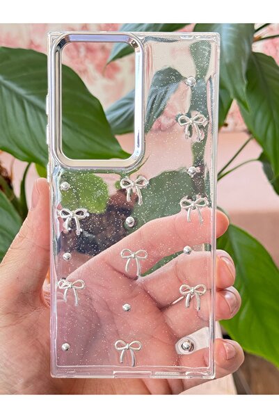 Fibaks Galaxy S25 Ultra Compatible Case Bow Pattern Transparent Glitter Silver Camera Protruding Glossy Cover