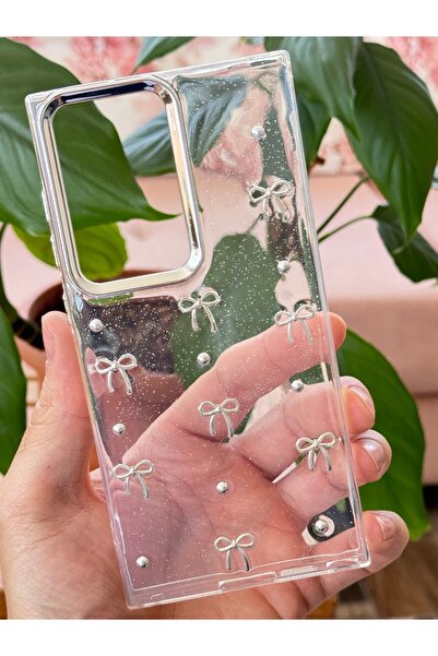 Fibaks Galaxy S25 Ultra Compatible Case Bow Pattern Transparent Glitter Silver Camera Protruding Glossy Cover