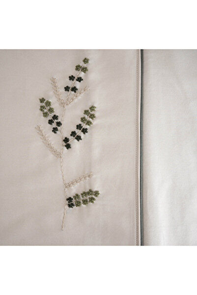 Ecocotton Deep Double Duvet Cover Set 100% Organic Cotton Satin Hand Embroidered Green 200x220 Cm