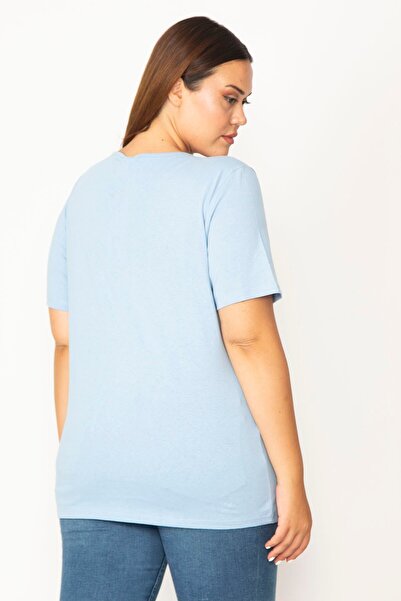 Şans Women's Large Size Blue Cotton Fabric V-Neck Short Sleeve Blouse 65n29546