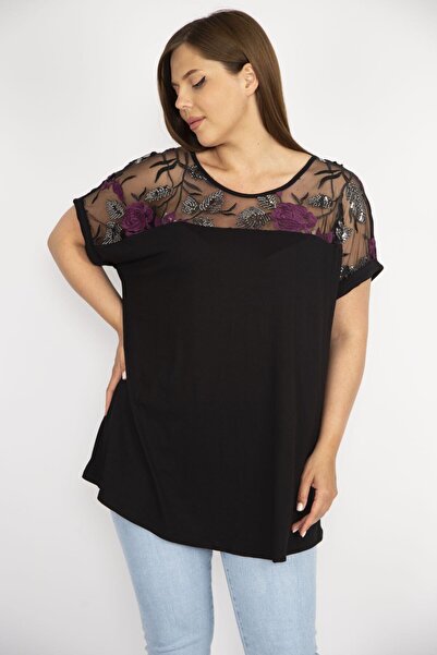 Şans Γυναικεία μαύρη ρόμπα με τούλι απλικέ και παγιέτα λεπτομερή μπλούζα 65n36626