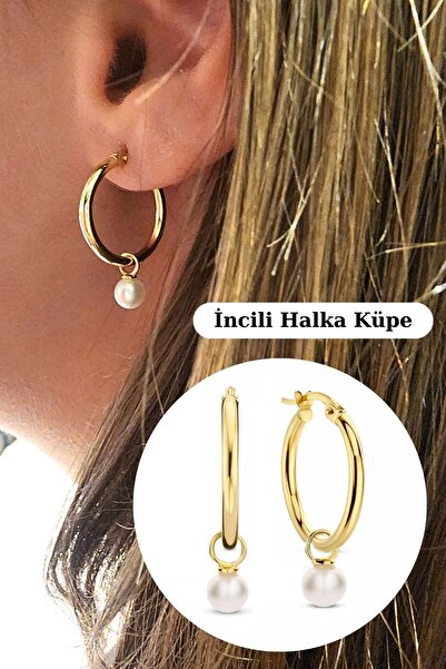 Hepimitu İnci Sallantılı Halka Altın Küpe