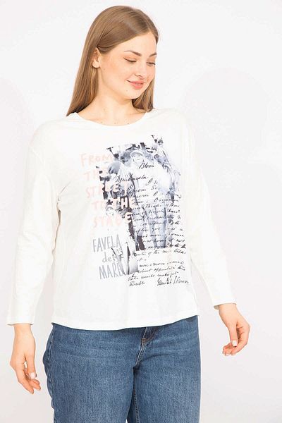 Şans Women's Bone Plus Size Front Printed Blouse 65n35564
