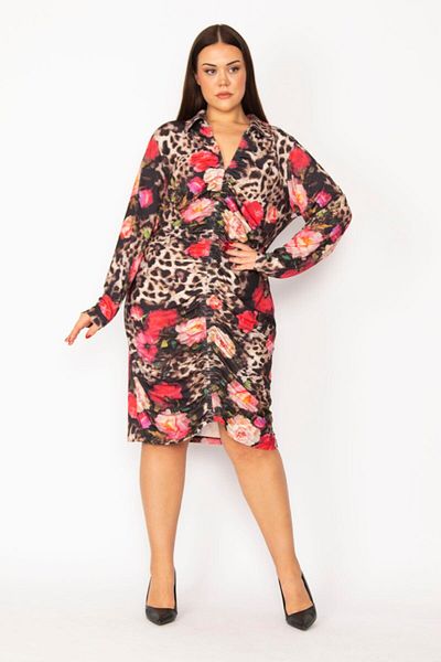 Şans Rochie cu model, cu decolteu în V, cu mânecă lungă, cu model, cu detaliu de strângere în față, mijloc și lateral 65N28953