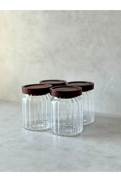 Dekorzdükkan Set of 4 Acacia Vacuum Lid Striped Model Jars (400ml)