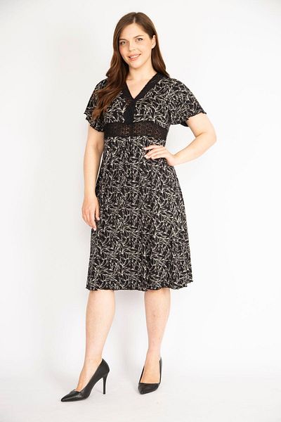 Şans Women's Black Large Size Collar and Waist Wide Copenaki Lace A-line Dress 65n36409