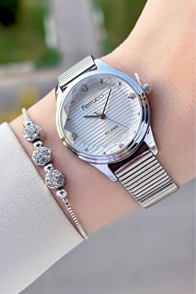Ferrucci Gümüş Renk Hediye Paketli Kadın Kol Saati ve Bileklik