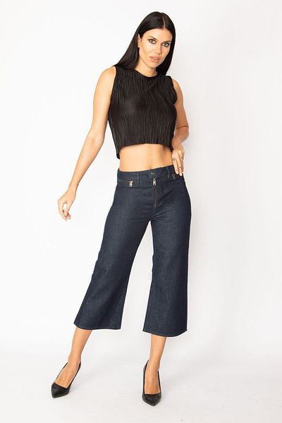Şans Tekstil Women's Navy Blue Wide Leg Zipper Detailed Jeans 85n6238