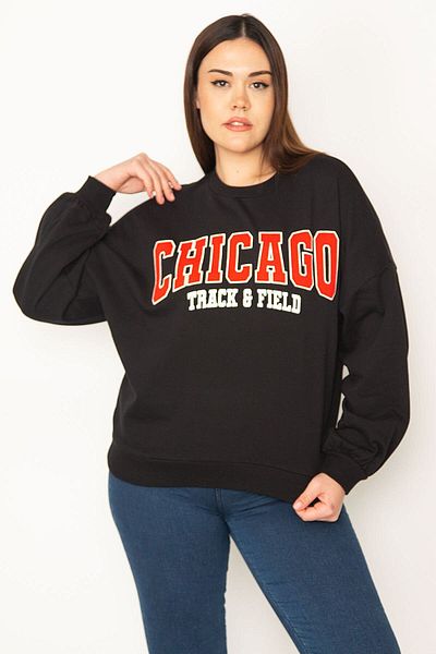 Şans Women's Large Size Black Embroidery Detailed Ribbed Sweatshirt 65n31390