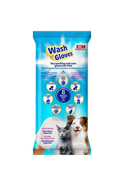 Bio PetActive Wash Gloves Kedi Ve Köpek Temizleme Mendili Büyük Boy (8 ADET)