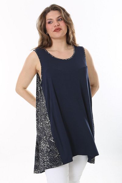 Şans Navy Blue Plus Size Patterned Tank Top - Side Cup 65N38043