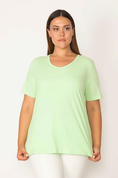 Şans Women's Large Size Green Cotton Fabric V-Neck Short Sleeve Blouse 65n29546