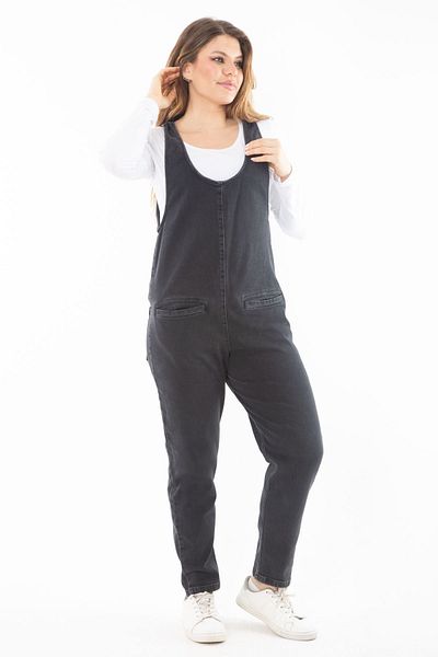 Şans Women's Large Size Black V-Neck Jeans Jumpsuit with Pockets 65N37320