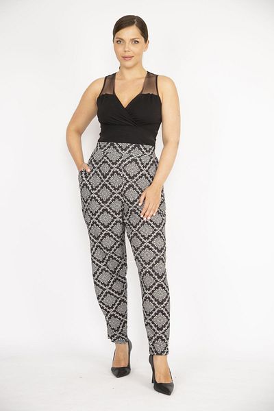 Şans Women's Large Size Black Elastic Waist Side Pocket Patterned Trousers 65N37242