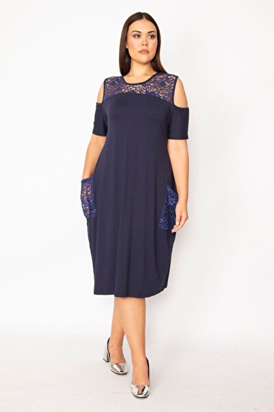 Şans Women's Large Size Navy Blue Lace Dress with Pocket and Front and Back Yoke 65n29528