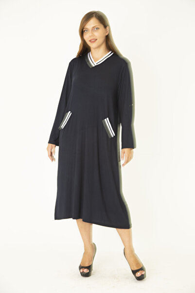 Şans Women's Large Size Navy Blue Rib Detailed V-Neck Sleeve Length Adjustable Pocket Dress 65N36829