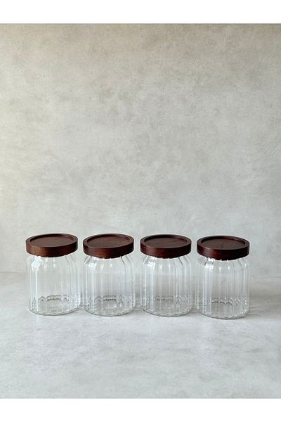 Dekorzdükkan Set of 4 Acacia Vacuum Lid Striped Model Jars (400ml)