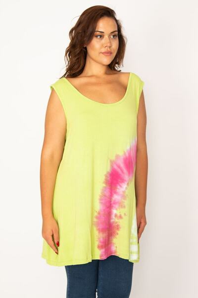 Şans Women's Large Size Green Batik Patterned Tunic 65n33968