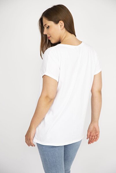 Şans Women's Bone Large Size Front Printed Double Sleeve Blouse with Crew Neck 65n36484