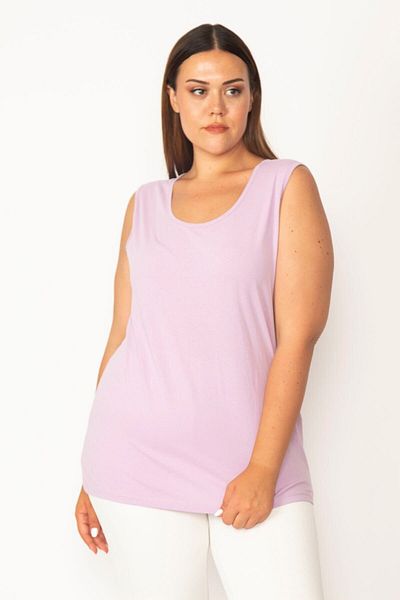 Şans Women's Large Size Lilac Cotton Fabric Crew Neck Sleeveless Blouse 65n27624