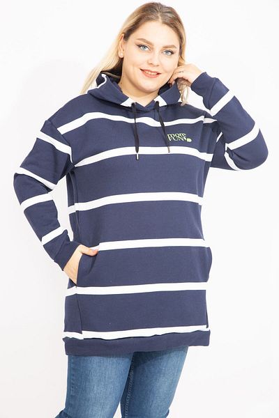 Şans Women's Large Size Navy Blue 3 Thread Thick Sweatshirt with Ribbon Inside 65n35448