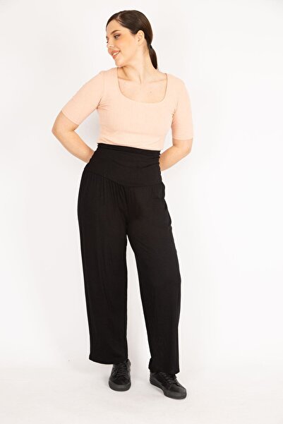 Şans Women's Black Large Size Wide Corsage Belted Viscose Trousers 65n36113