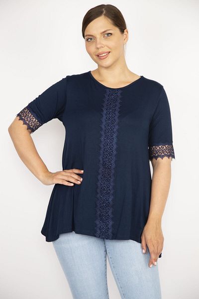 Şans Women's Navy Blue Plus Size Sleeve and Lace Blouse in the Middle Front 65n36513