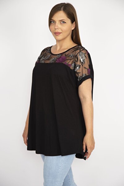 Şans Γυναικεία μαύρη ρόμπα με τούλι απλικέ και παγιέτα λεπτομερή μπλούζα 65n36626