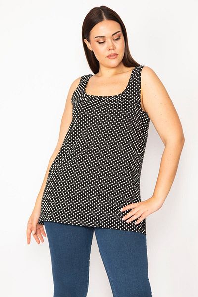 Şans Women's Black Plus Size Cotton Fabric Lycra Point Patterned Tank Top 65n36269