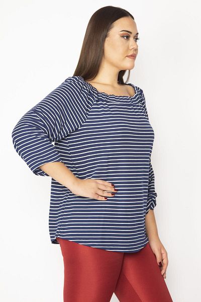 Şans Women's Large Size Navy Blue Striped Tunic with Elastic Collar and Gathering Detail on the Sleeves 65n29608