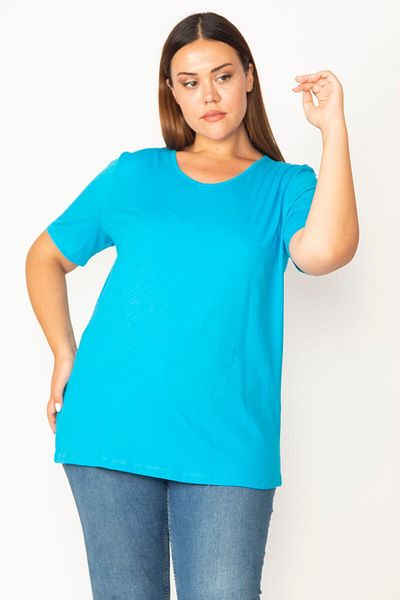 Şans Women's Plus Size Turquoise Cotton Fabric V-Neck Short Sleeve Blouse 65n29546