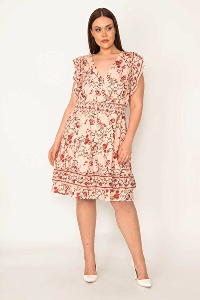 Şans Γυναικείο φόρεμα μεγάλου μεγέθους πολύχρωμο στη μέση με ελαστικό γιακά μανίκια και βολάν με στρώσεις