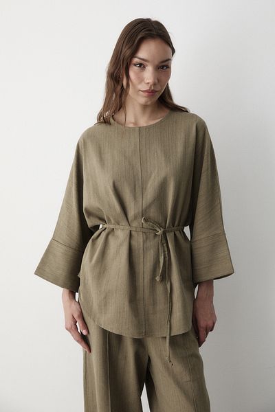 JASTE Women's Khaki Linen Oversize Top Blouse & Elastic Wide Leg Pants Double Set