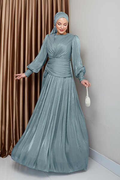 Olcay Crystal Chiffon Hijab Evening Dress with Flounce and Pleat Detail Water Green 1230