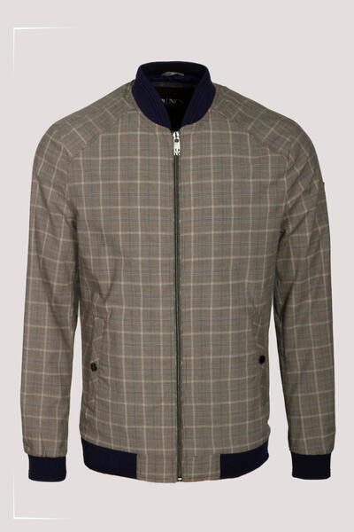 NCS Erkek Bomber Ceket Camel Keten Karışım Slim Fit Ekose Kare Desenli Ribana İnce Astar Ceket JEANS