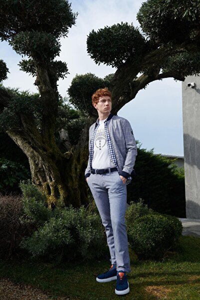 NCS Erkek Bomber Ceket Taş Keten Karışım Slim Fit Ekose Kare Desenli Ribana İ...