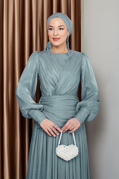 Olcay Crystal Chiffon Hijab Evening Dress with Flounce and Pleat Detail Water Green 1230