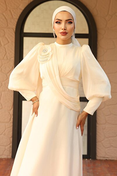 Olcay Broş Detaylı Kloş Yorgo İpek Tesettür Abiye Elbise FİL DİŞİ 1242