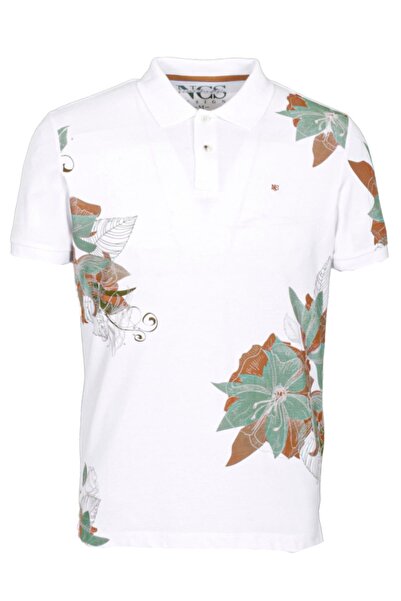 NCS Erkek Polo Yaka Tişört Beyaz %100 Pamuk Slim Fit Ribana'lı Kol Floral Des...