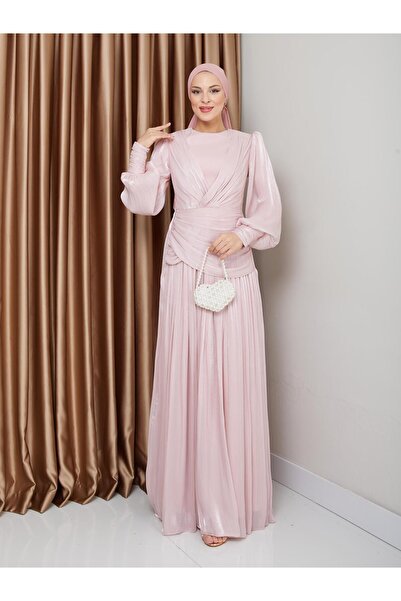 Olcay Křišťálové šifonové hidžábové večerní šaty - poskakující a plisovaný detail, Pudra 1230