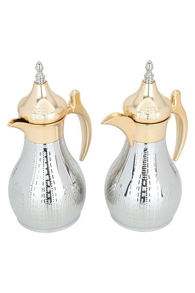 Alsaif Gallery Haila Thermos Set, Silver, Engraved, With A Golden Mouth, Two Pieces
